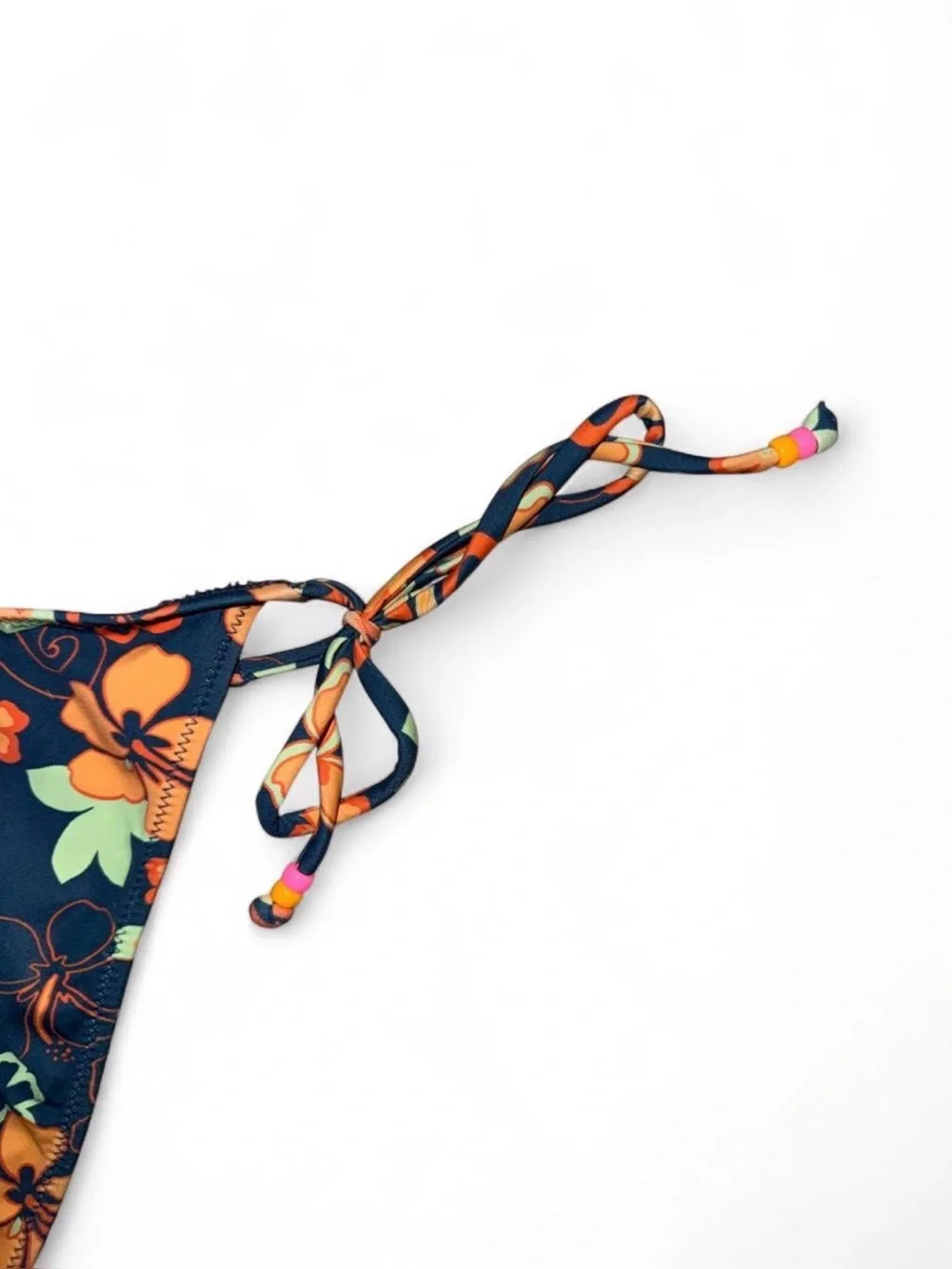 Y2K PacSun Navy Floral Beaded Tie-Side Bikini Bottom with Orange & Mint Accents
